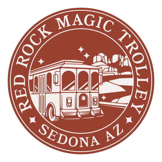 Circular logo of a trolley with Sedona's red rocks, labeled 'Red Rock Magic Trolley, Sedona AZ'.